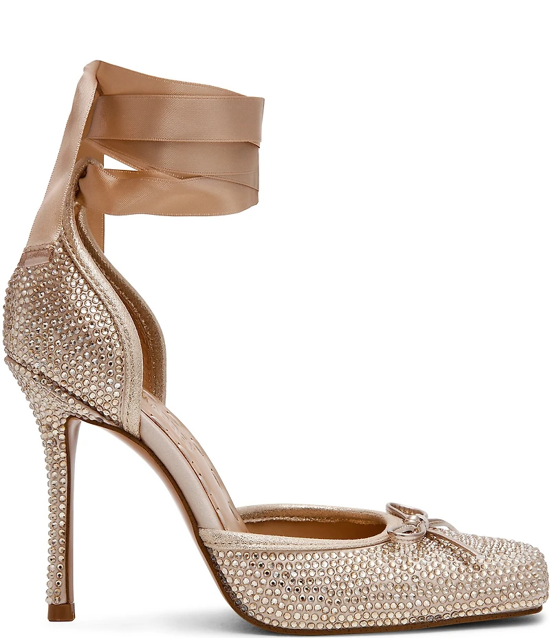 Steve Madden Larina Satin Rhinestone Ballet Square Toe Stiletto Lace Up Dress Pumps
