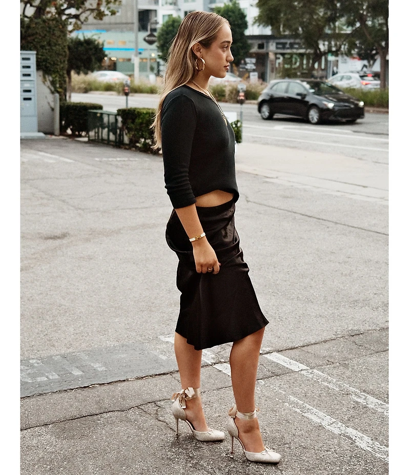 Steve Madden Larina Satin Rhinestone Ballet Square Toe Stiletto Lace Up Dress Pumps