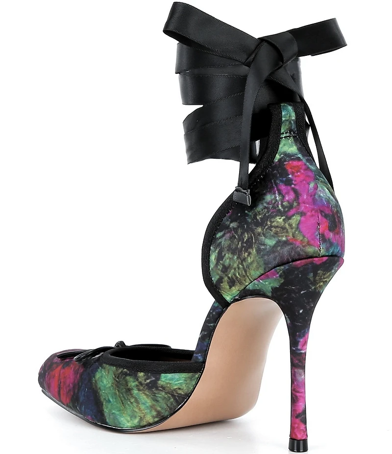Steve Madden Larina Satin Floral Print Ballet Square Toe Stiletto Lace Up Dress Pumps