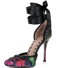 Steve Madden Larina Satin Floral Print Ballet Square Toe Stiletto Lace Up Dress Pumps