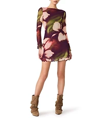 Steve Madden Larisa Gypsy Floral Boat Neck Long Sleeve Mesh Mini Dress