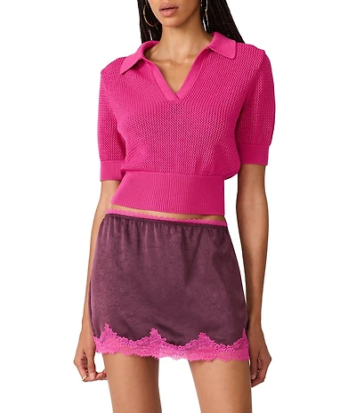 Steve Madden Lark Knit Contrast Stitched Polo Collar Short Sleeve Crop Sweater