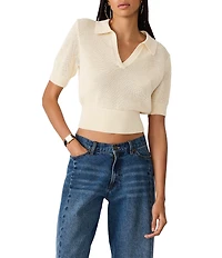 Steve Madden Lark Knit Contrast Stitched Polo Collar Short Sleeve Crop Sweater