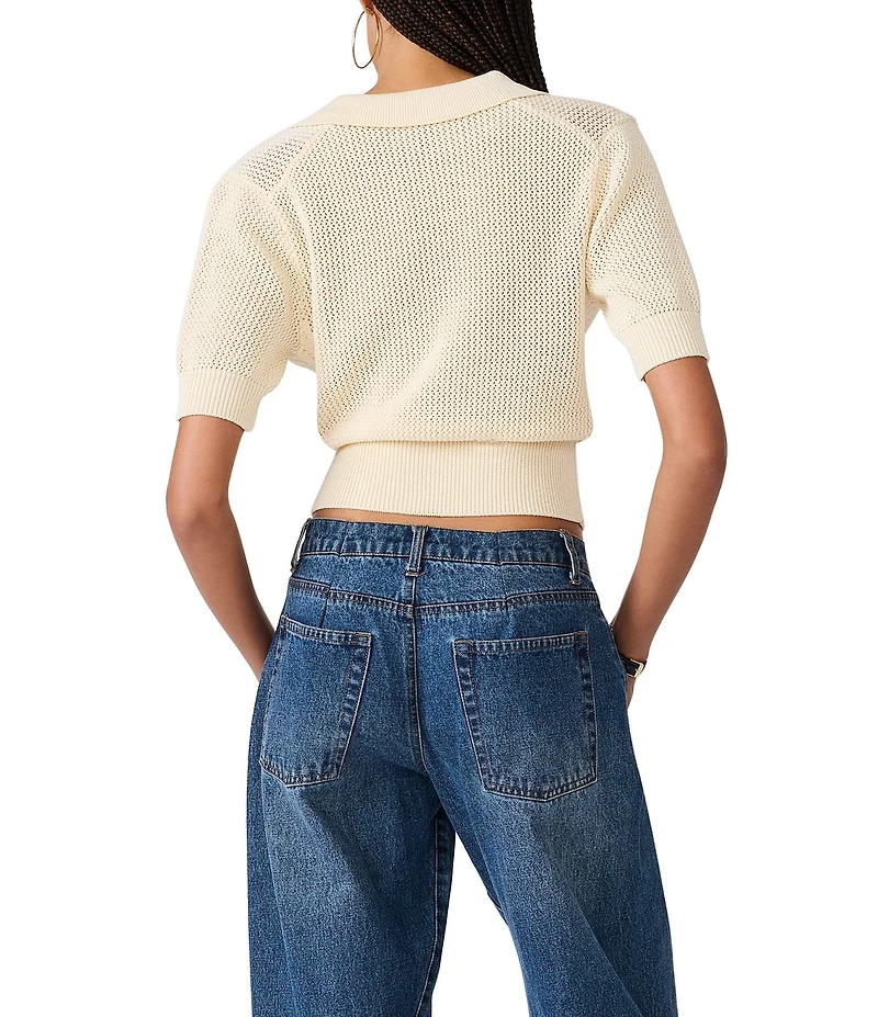 Steve Madden Lark Knit Contrast Stitched Polo Collar Short Sleeve Crop Sweater