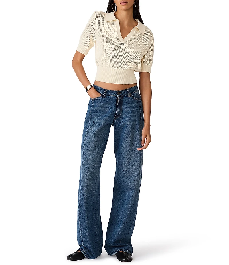 Steve Madden Lark Knit Contrast Stitched Polo Collar Short Sleeve Crop Sweater