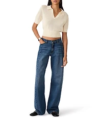 Steve Madden Lark Knit Contrast Stitched Polo Collar Short Sleeve Crop Sweater