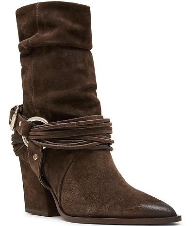 Steve Madden Lauper Suede Buckle Harness Hardware Western Booties