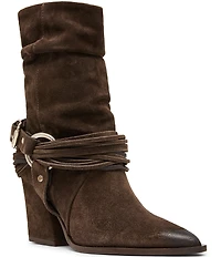 Steve Madden Lauper Suede Buckle Harness Hardware Western Booties