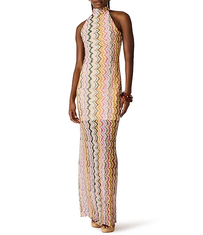 Steve Madden Layra Printed Mesh High Halter Neck Sleeveless Maxi Dress