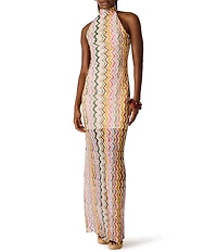 Steve Madden Layra Printed Mesh High Halter Neck Sleeveless Maxi Dress