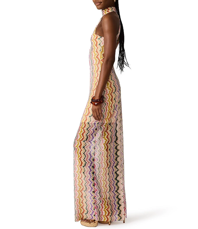 Steve Madden Layra Printed Mesh High Halter Neck Sleeveless Maxi Dress
