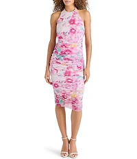 Steve Madden Lea Floral Print Halter Neck Sleeveless Mesh Ruched Midi Dress