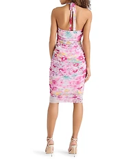 Steve Madden Lea Floral Print Halter Neck Sleeveless Mesh Ruched Midi Dress
