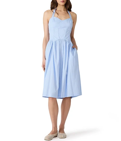 Steve Madden Leigh-Anne Stripped Sweetheart Neck Sleeveless Fit and Flare Poplin Midi Dress