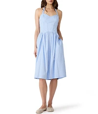 Steve Madden Leigh-Anne Stripped Sweetheart Neck Sleeveless Fit and Flare Poplin Midi Dress