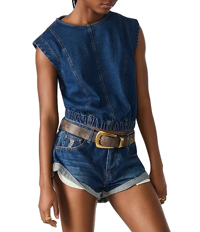 Steve Madden Leila Scoop Neck Cap Sleeve Elastic Hem Denim Crop Top