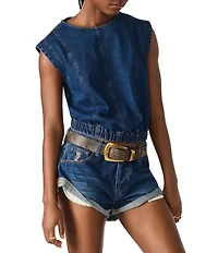 Steve Madden Leila Scoop Neck Cap Sleeve Elastic Hem Denim Crop Top