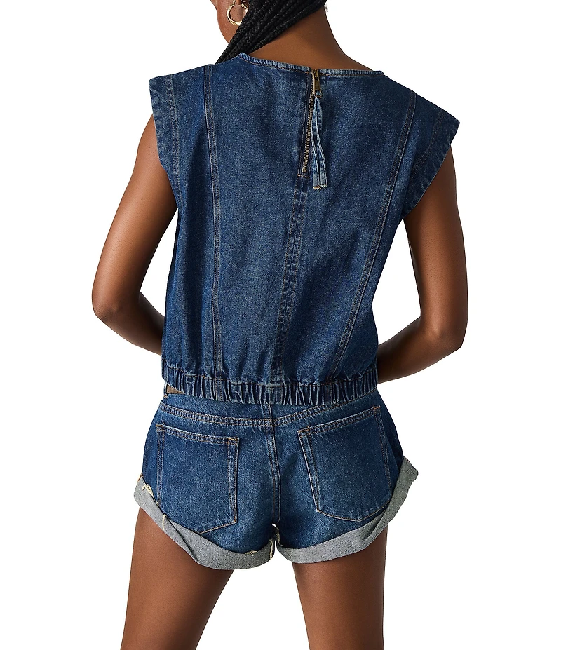 Steve Madden Leila Scoop Neck Cap Sleeve Elastic Hem Denim Crop Top