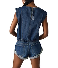 Steve Madden Leila Scoop Neck Cap Sleeve Elastic Hem Denim Crop Top