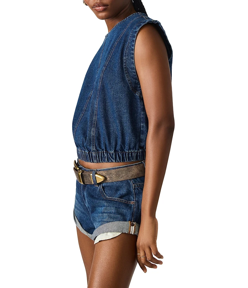 Steve Madden Leila Scoop Neck Cap Sleeve Elastic Hem Denim Crop Top