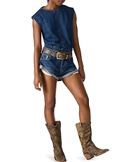 Steve Madden Leila Scoop Neck Cap Sleeve Elastic Hem Denim Crop Top