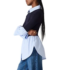Steve Madden Lenny Collared Long Sleeve Mixed Media Top