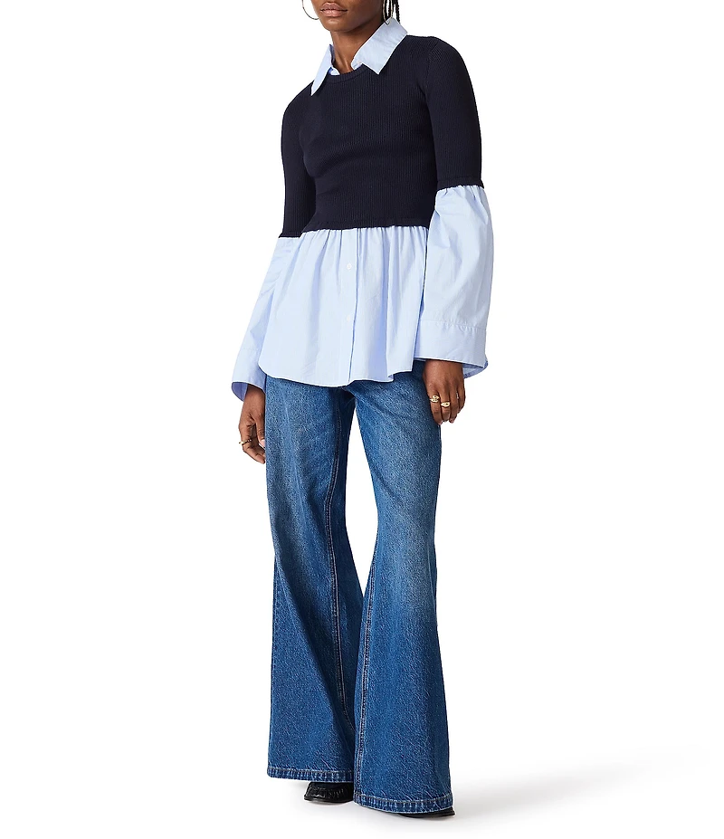 Steve Madden Lenny Collared Long Sleeve Mixed Media Top
