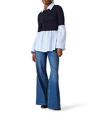 Steve Madden Lenny Collared Long Sleeve Mixed Media Top