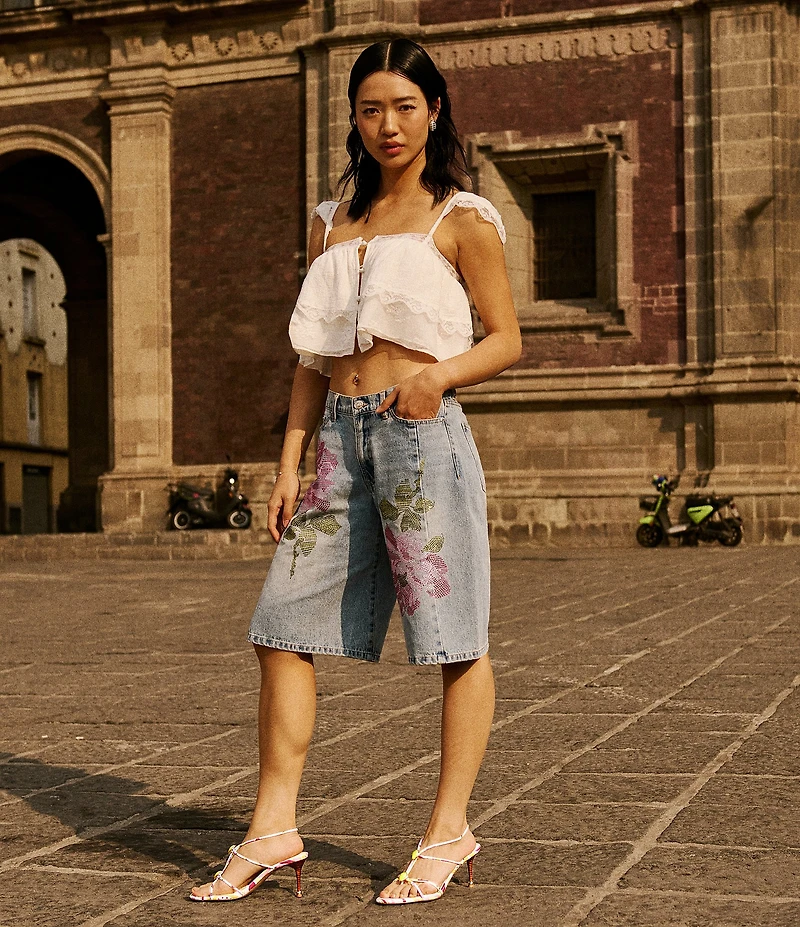 Steve Madden Leta Square Neck Sleeveless Tiered Lace and Gauze Coordinating Cropped Top