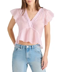 Steve Madden Leyla V Neck Short Flutter Sleeve Jacquard Peplum Top