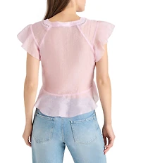 Steve Madden Leyla V Neck Short Flutter Sleeve Jacquard Peplum Top