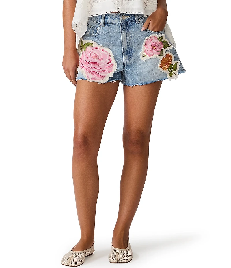 Steve Madden Lilien Embroidered Floral Applique Low Rise Cut-Off Denim Shorts