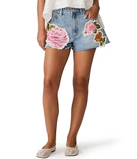 Steve Madden Lilien Embroidered Floral Applique Low Rise Cut-Off Denim Shorts