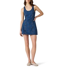 Steve Madden Lily-Rose Embroidered Square Neck Sleeveless Fit and Flare Denim Mini Dress