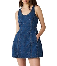Steve Madden Lily-Rose Embroidered Square Neck Sleeveless Fit and Flare Denim Mini Dress