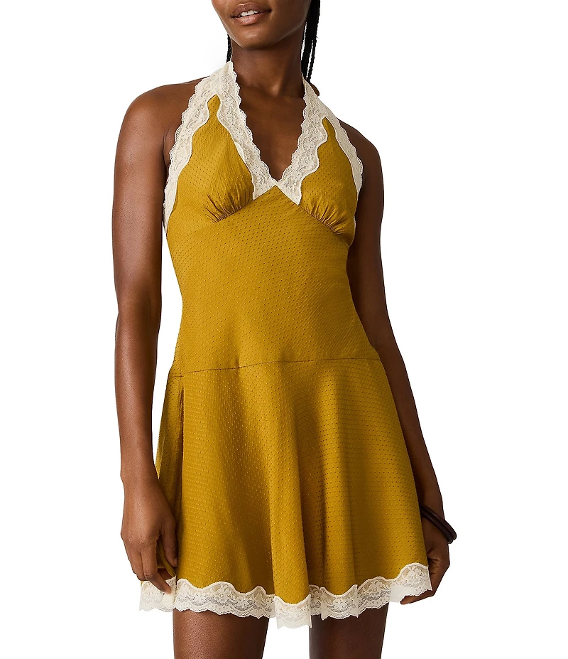 Steve Madden Liza Halter Neck Sleeveless Flared Hem Lace Trim Satin Jacquard Dot Mini Dress
