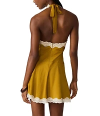 Steve Madden Liza Halter Neck Sleeveless Flared Hem Lace Trim Satin Jacquard Dot Mini Dress