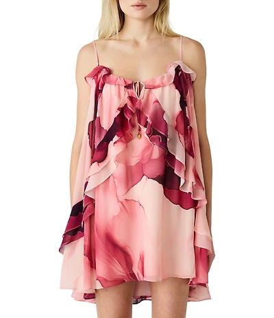 Steve Madden Lorella Printed Chiffon Scoop Neck Sleeveless Draped Ruffle Mini Dress