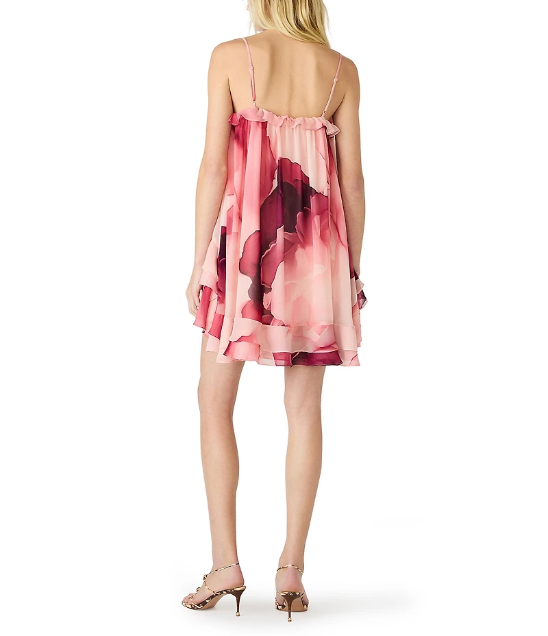 Steve Madden Lorella Printed Chiffon Scoop Neck Sleeveless Draped Ruffle Mini Dress