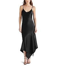 Steve Madden Lucille V-Neck Sleeveless Asymmetrical Hem Satin Midi Dress