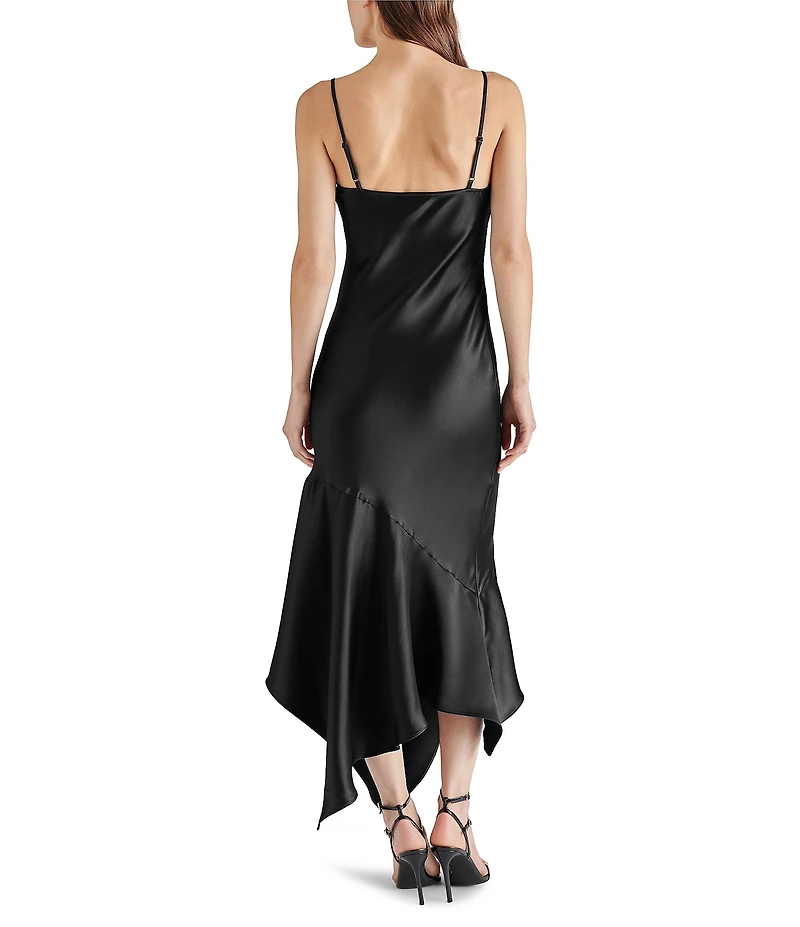 Steve Madden Lucille V-Neck Sleeveless Asymmetrical Hem Satin Midi Dress