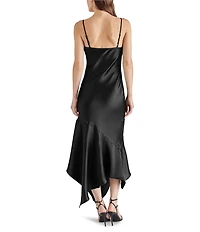 Steve Madden Lucille V-Neck Sleeveless Asymmetrical Hem Satin Midi Dress