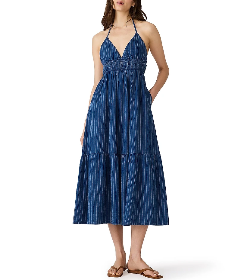 Steve Madden Lucky Striped Halter Neck Sleeveless A-Line Linen Midi Dress