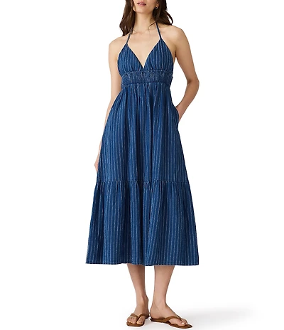 Steve Madden Lucky Striped Halter Neck Sleeveless A-Line Linen Midi Dress
