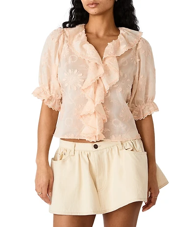 Steve Madden Lyric V-Neck Short Sleeve Embroidered Gossamer Top