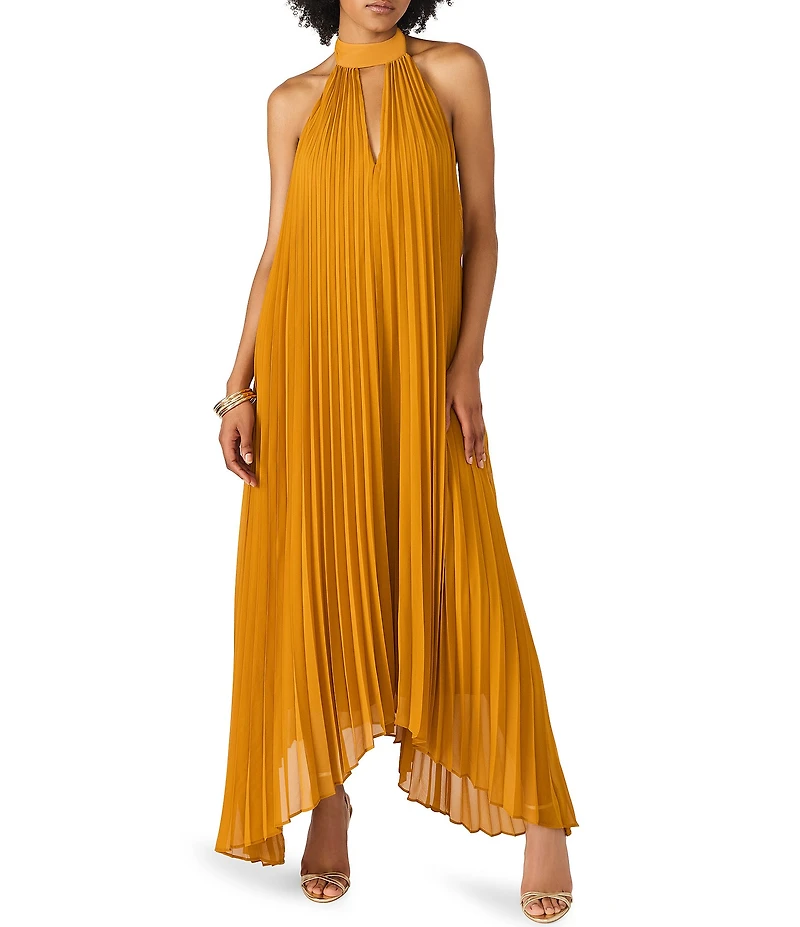 Steve Madden Maraya Woven Mesh Halter V-Neck Open Back Pleated Maxi Dress
