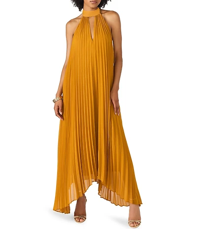 Steve Madden Maraya Woven Mesh Halter V-Neck Open Back Pleated Maxi Dress