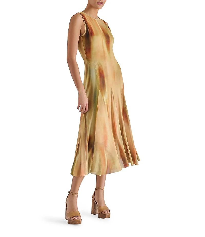 Steve Madden Marenne Printed Mesh Knit Crew Neck Sleeveless Midi Dress