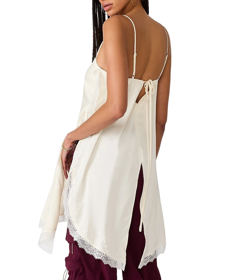 Steve Madden Margan V-Neck Sleeveless Asymmetric Lace Trim Satin Cami Top