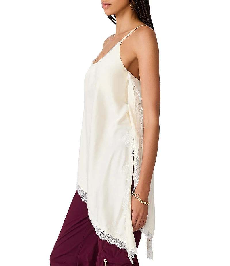 Steve Madden Margan V-Neck Sleeveless Asymmetric Lace Trim Satin Cami Top